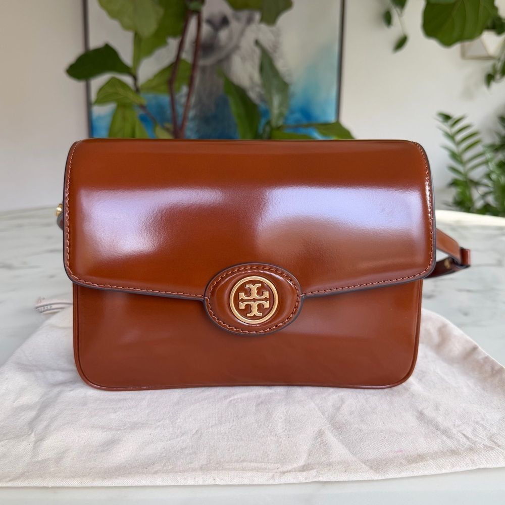 Tory Burch Robinson Spazzolato Leather Shoulder Bag Dark Sienna Brown Patent